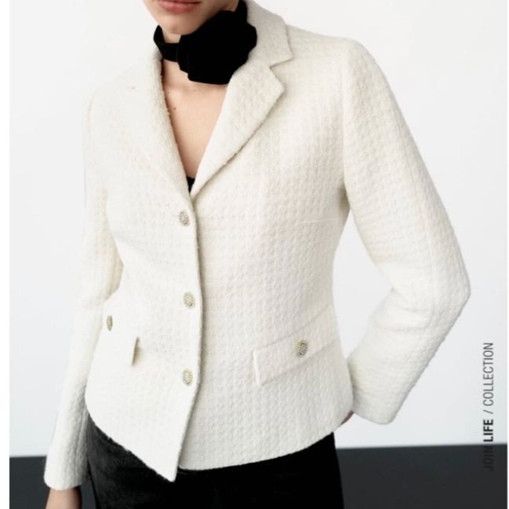 Zara White Jewel Button Cropped Textured Blazer, XS